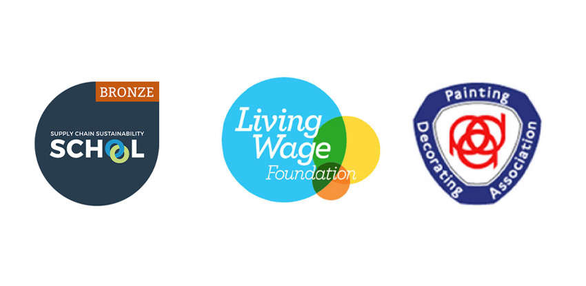 Supply Chain Sustainability School Bronze Member, Living wage foundation and PDA logos